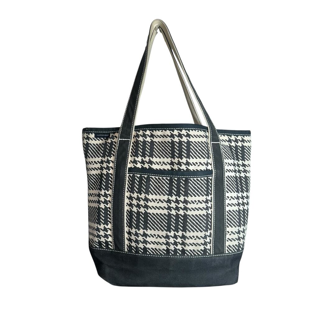 Lands’ End Large Canvas Tote Bag Black White Plaid Houndstooth Shoulder Carryall